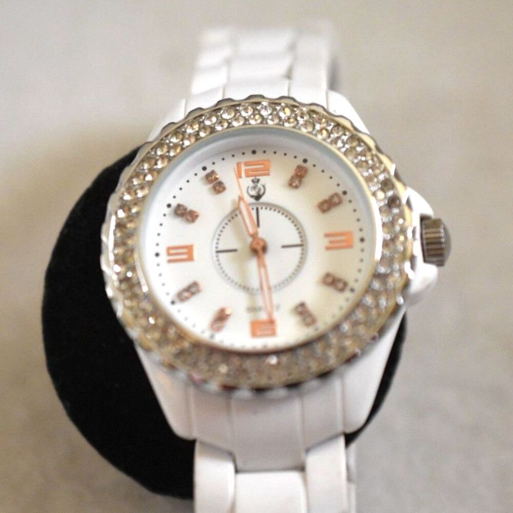 Vintage Premier Design White Metal Link Band Rhinestone Accent New Battery Watch